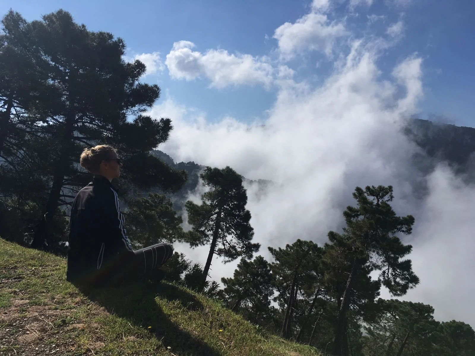 Een persoon zit in meditatie op een heuvel met uitzicht op een bewolkt en bergachtig landschap, omringd door dennenbomen.