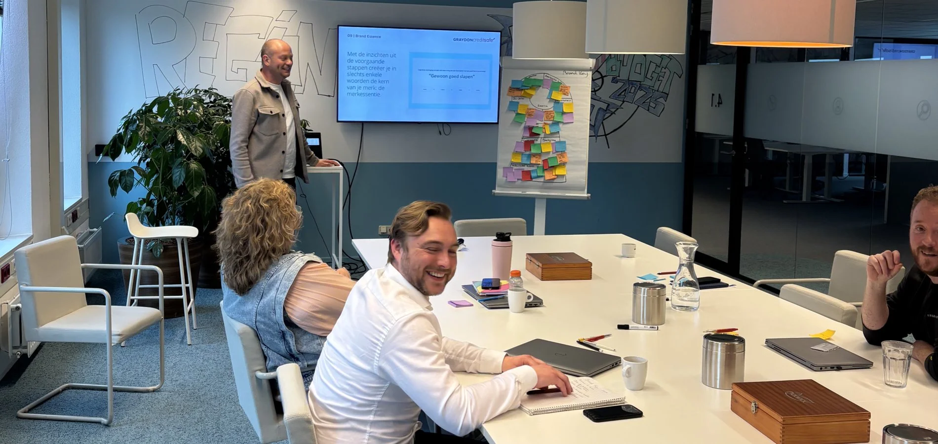 Mensen in een vergaderzaal die lachen en praten, met een presentatiedisplay en een whiteboard met gekleurde post-its.