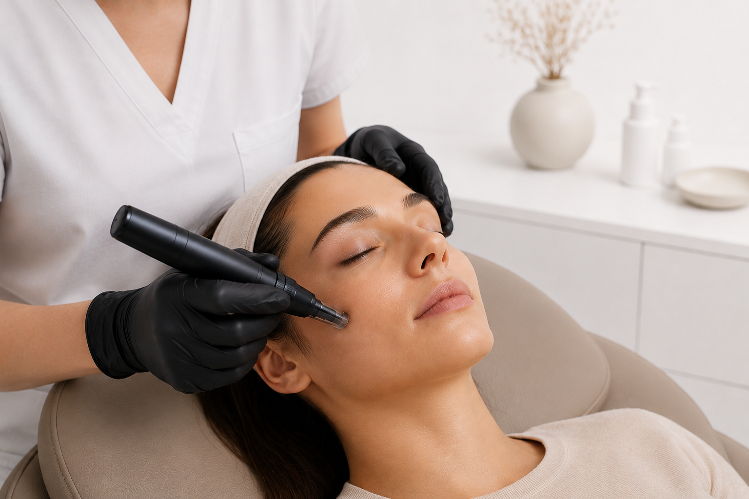 Ästhetische Kosmetikerin führt eine Hautbehandlung mit einem Schwarzlicht-Gerät bei einer entspannten Frau im Kosmetikstudio durch.