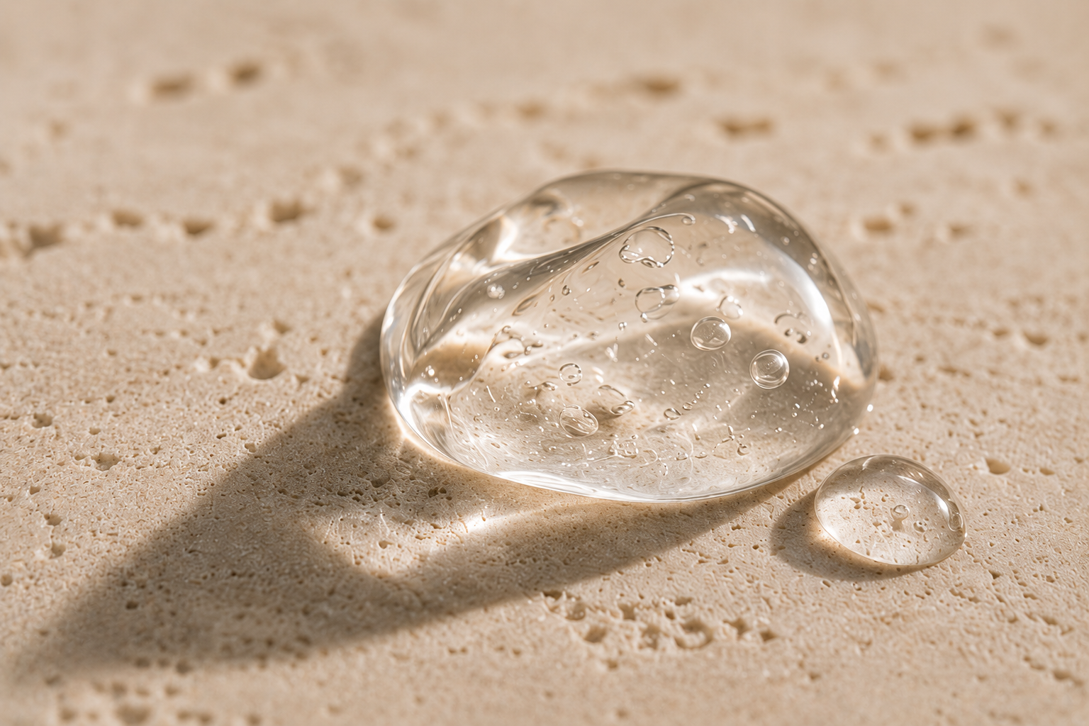 Eine transparente Glasscherbe mit Wasserbläschen auf Sand, mit Schatten