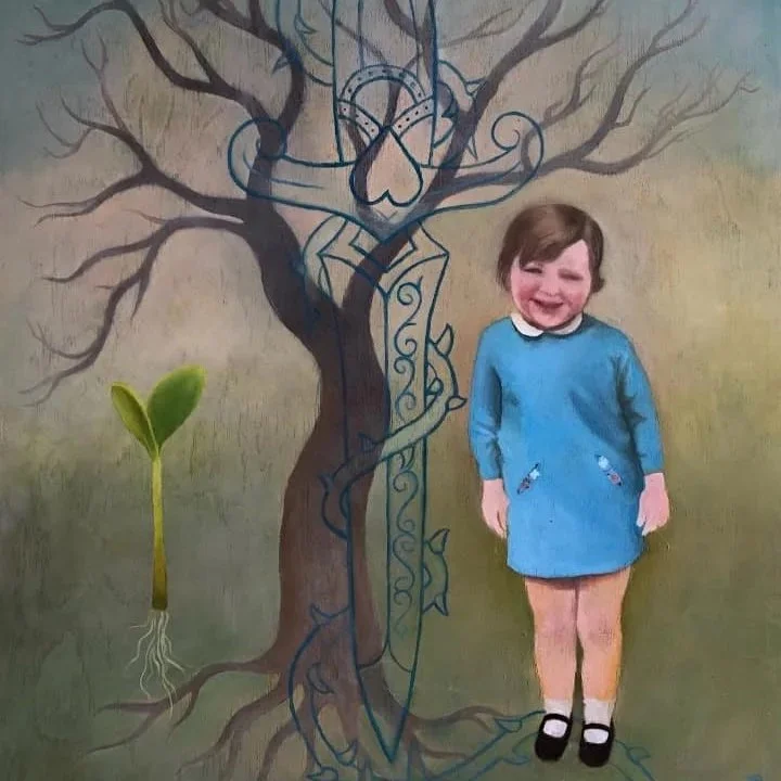 Photograph of a girl with a painted background of a tree with a face, next to a sprouting plant, and a line drawing of a  skull and dagger from tattoo imagery