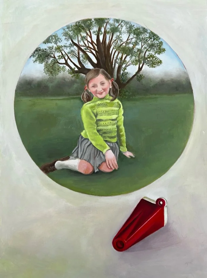 Painting of a young girl with a bright green sweater and gray skirt, kneeling on the grass with a large tree in the background. The scene is seen through a circular window or porthole. A red object, a keepsake is in the foreground.