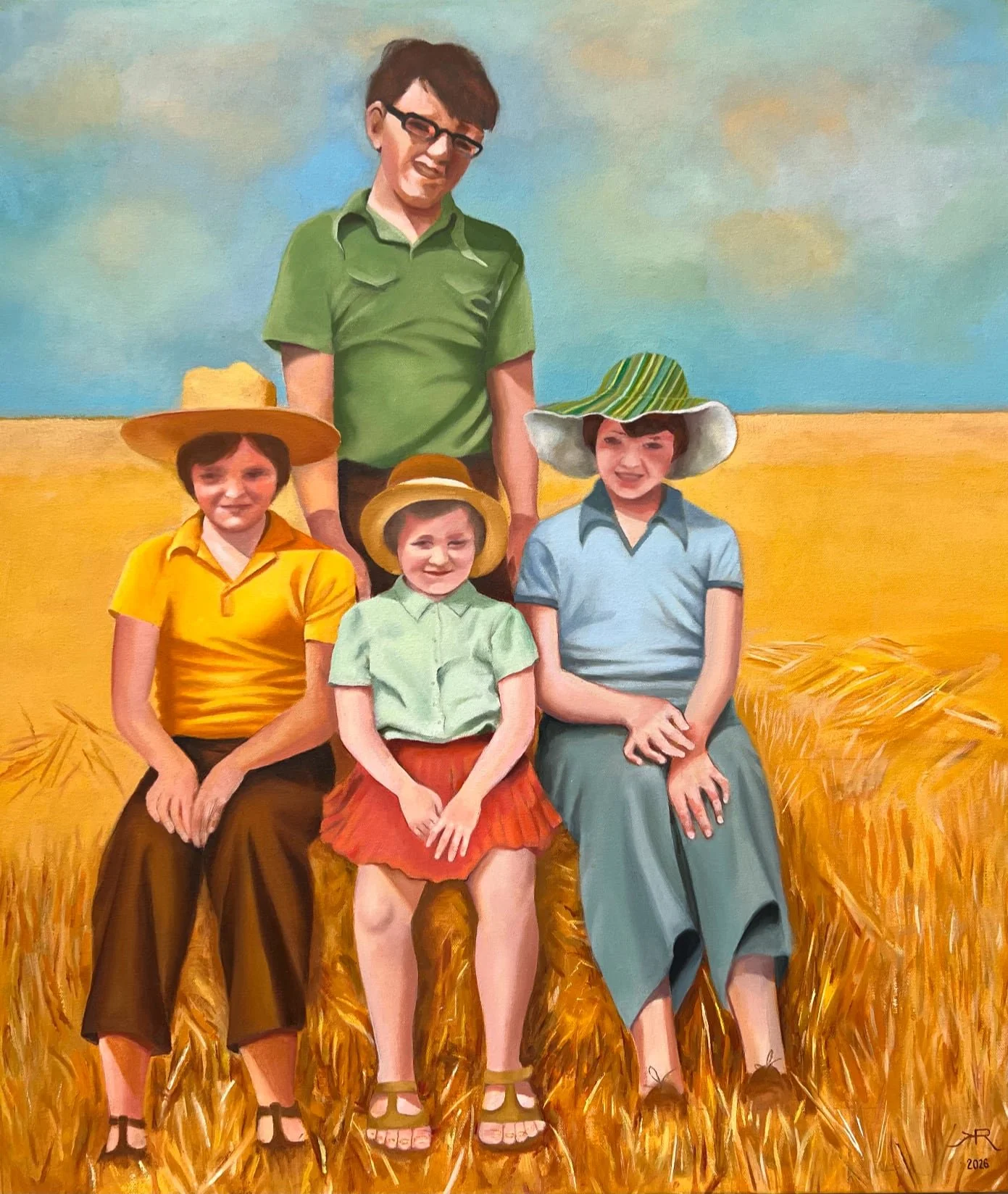 Painting of a woman and four children sitting and standing on a wheat field with a sky background.