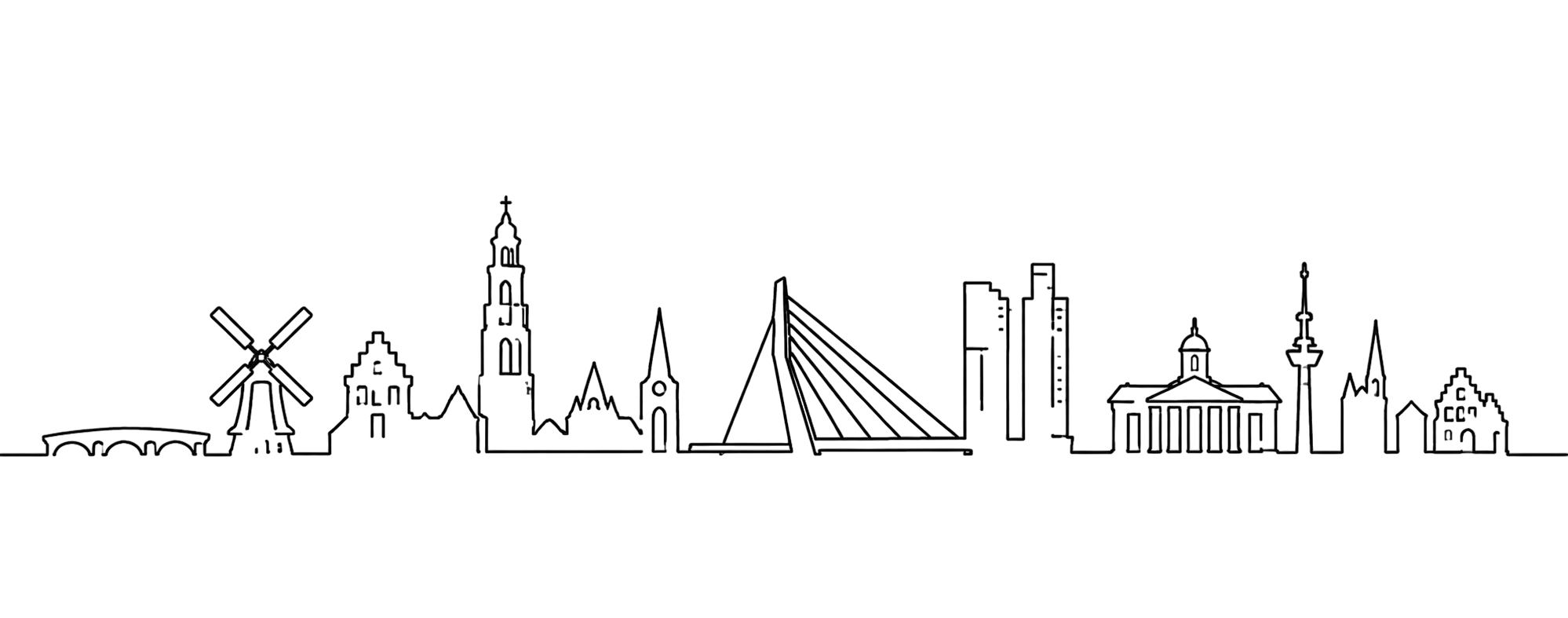Line drawing for Dutch Job of a ADutch skyline featuring windmill, historic buildings, church, modern architecture, and observation tower.