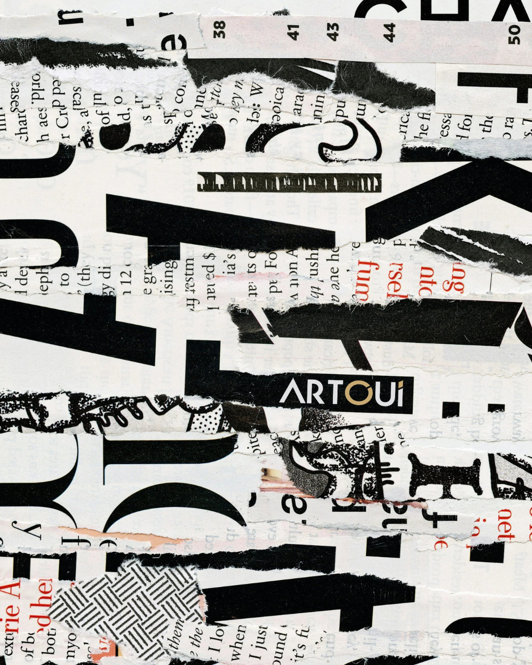 Collage of torn newspaper clippings with black, white, and red text, torn paper edges, and overlapping fragments.