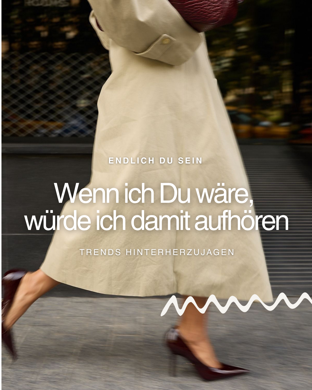 Woman walking in beige skirt and high heels with text overlay in German.