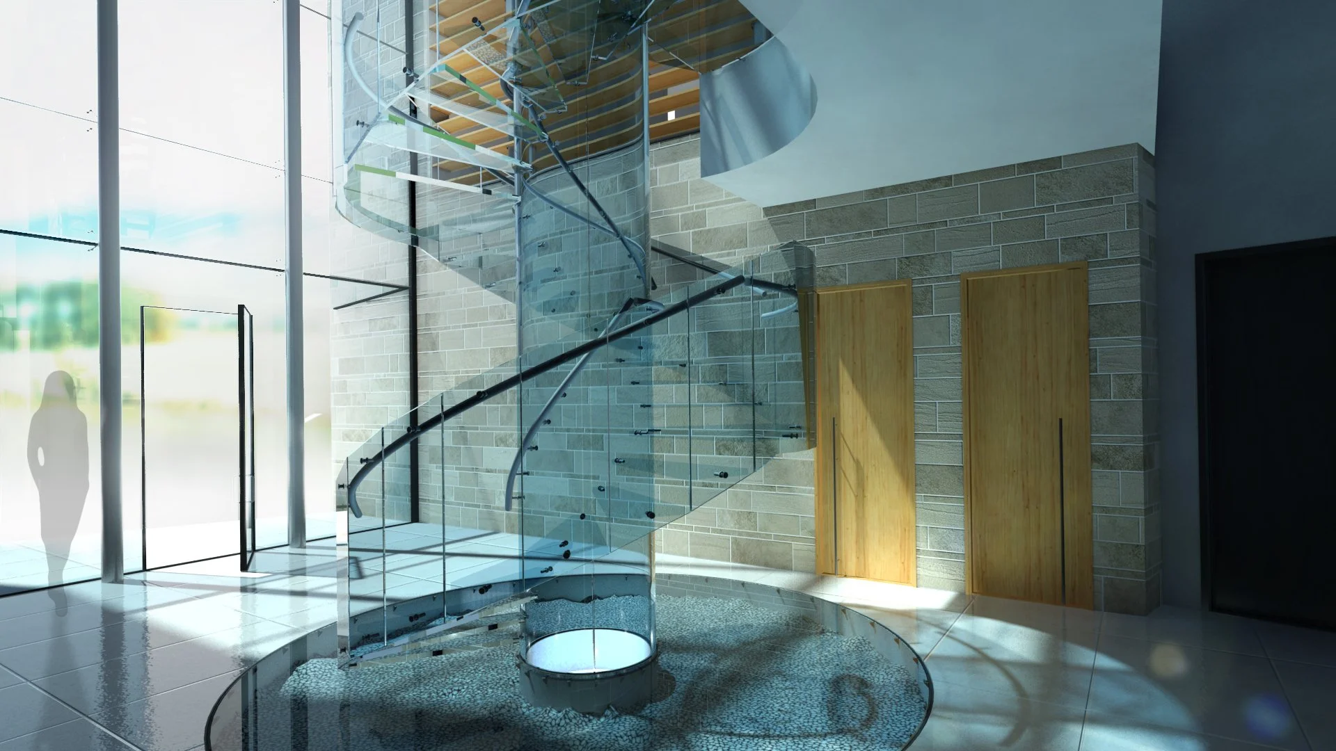 Interior of a modern house featuring a glass spiral staircase with a black handrail, brick walls, wooden panels, large glass windows, and a person silhouette reflection.