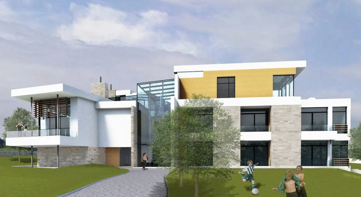 Modern multi-story house with white and beige exterior walls, large glass windows, and a landscaped lawn with children playing soccer.