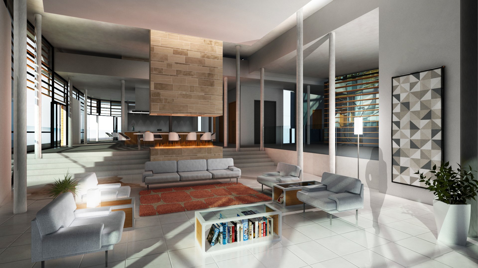 Modern living room with white seating, a red patterned rug, stairs leading to an upper level, tall windows with blinds, and contemporary decor including a large abstract wall art and potted plant.