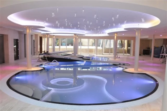 Indoor swimming pool and spa with LED lighting and a modern ceiling design, located in a spacious, well-lit room with large windows.