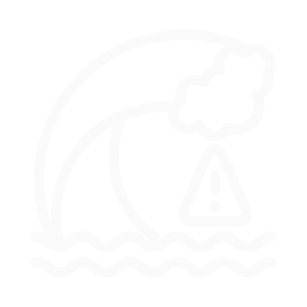 Alert icon over a wave and cloud symbol, indicating a storm or weather warning.