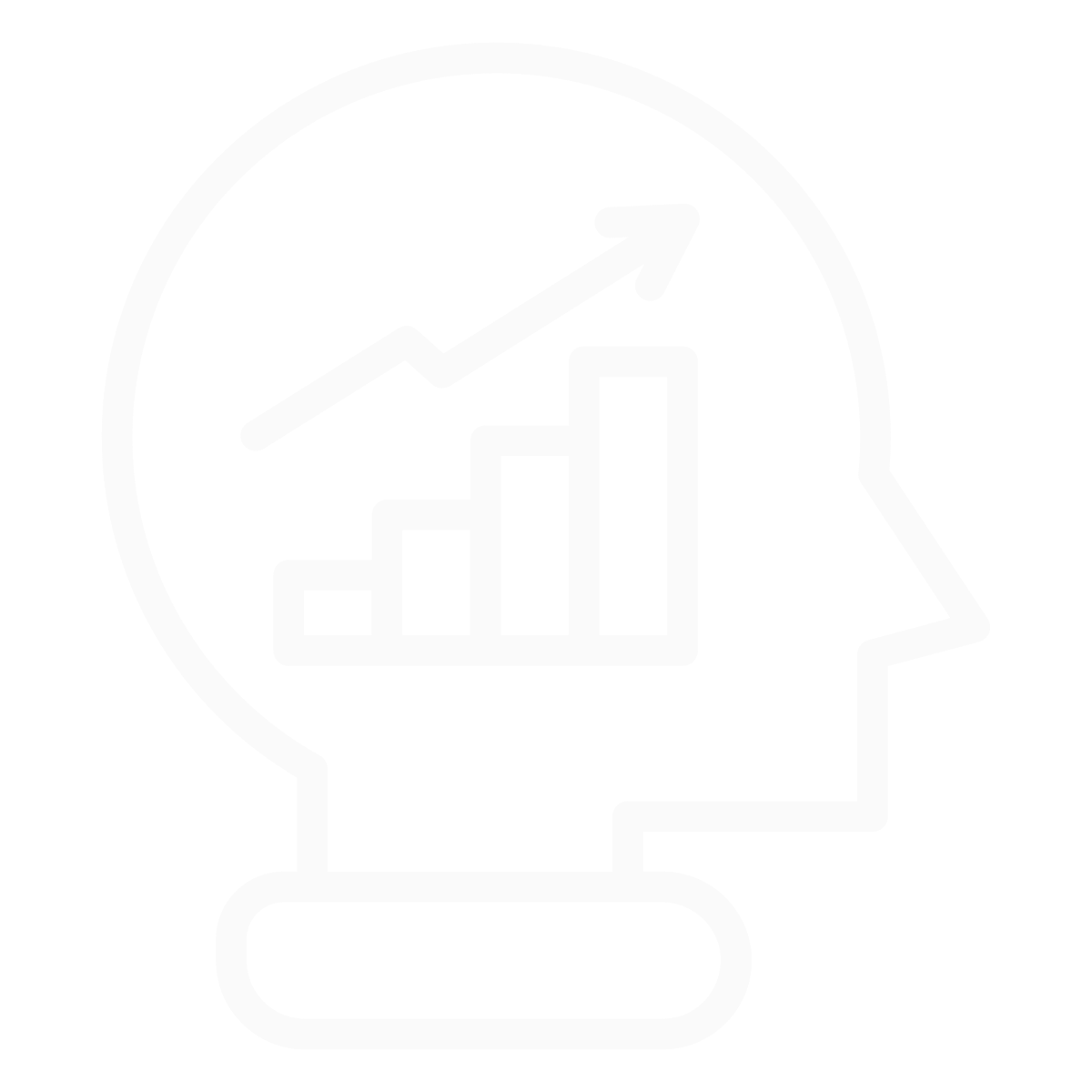Outline of a human head with a bar chart and upward trending arrow inside, symbolizing growth or thinking about data.