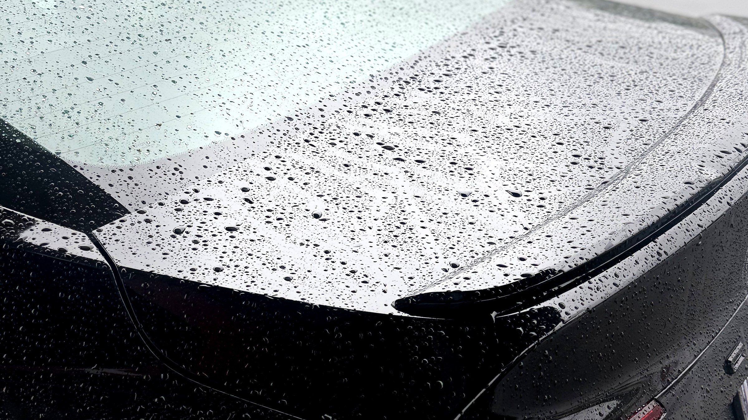 Close-up of a car's hood and windshield covered in raindrops on a rainy day.