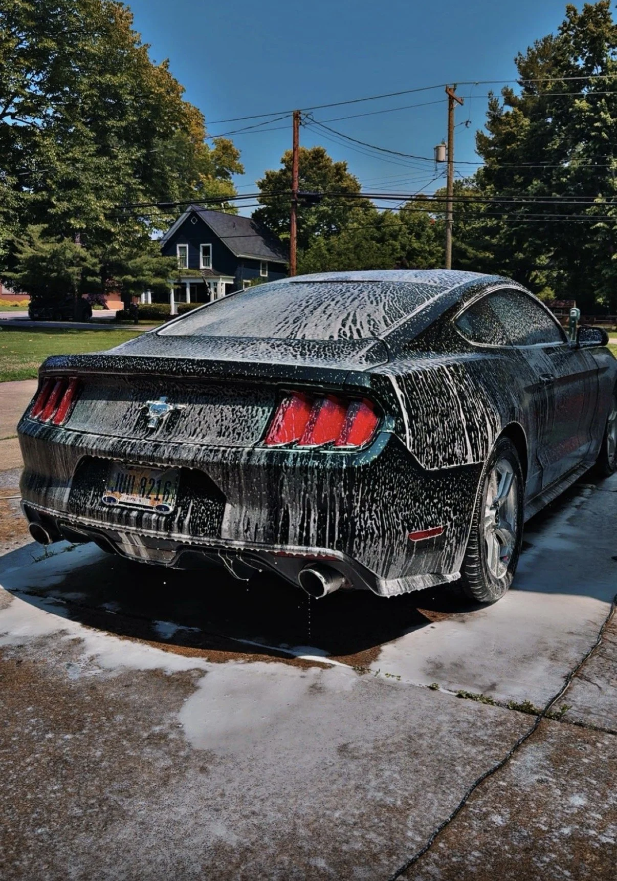 Black Ford Mustang car covered in soap suds during a car wash on a concrete driveway, with soap dripping from the rear bumper, green trees, a blue house, utility poles, and a clear sky in the background.