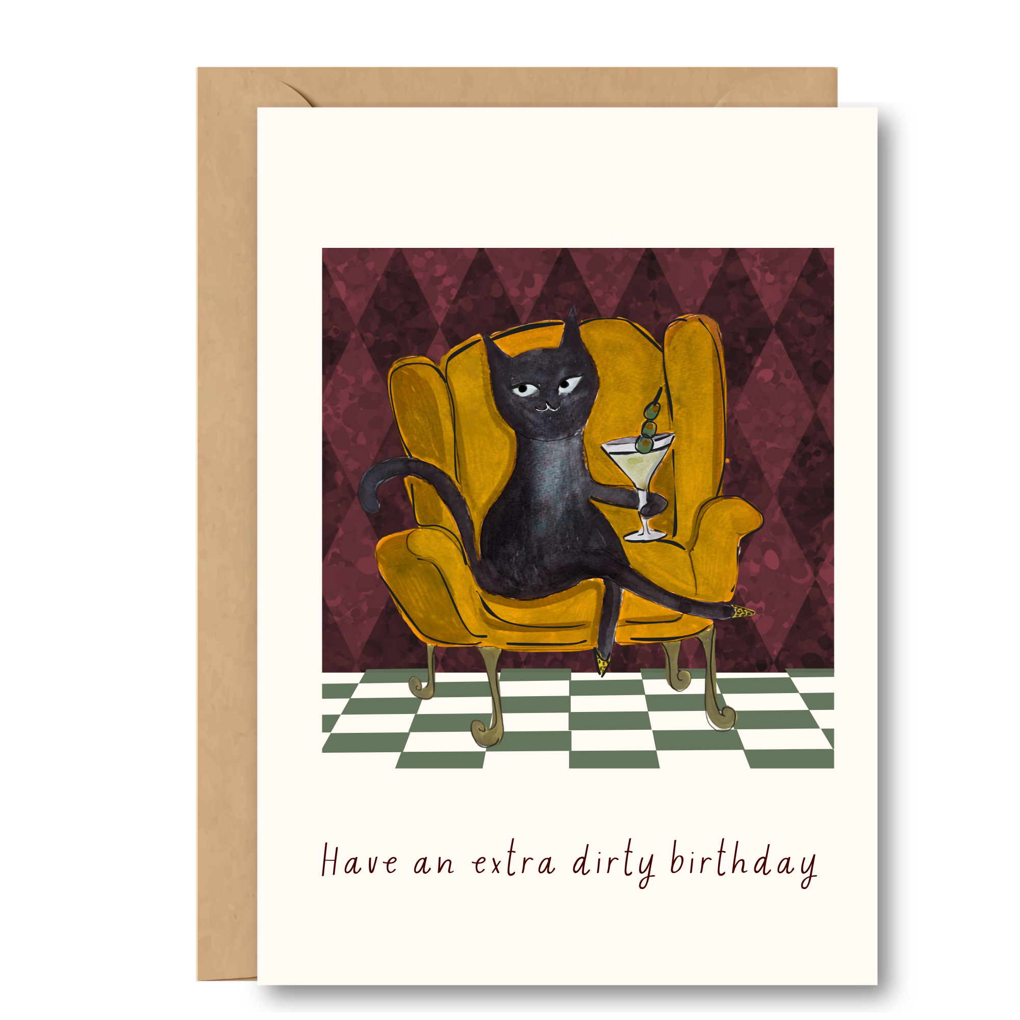 Birthday greeting card - Cat & martini A6