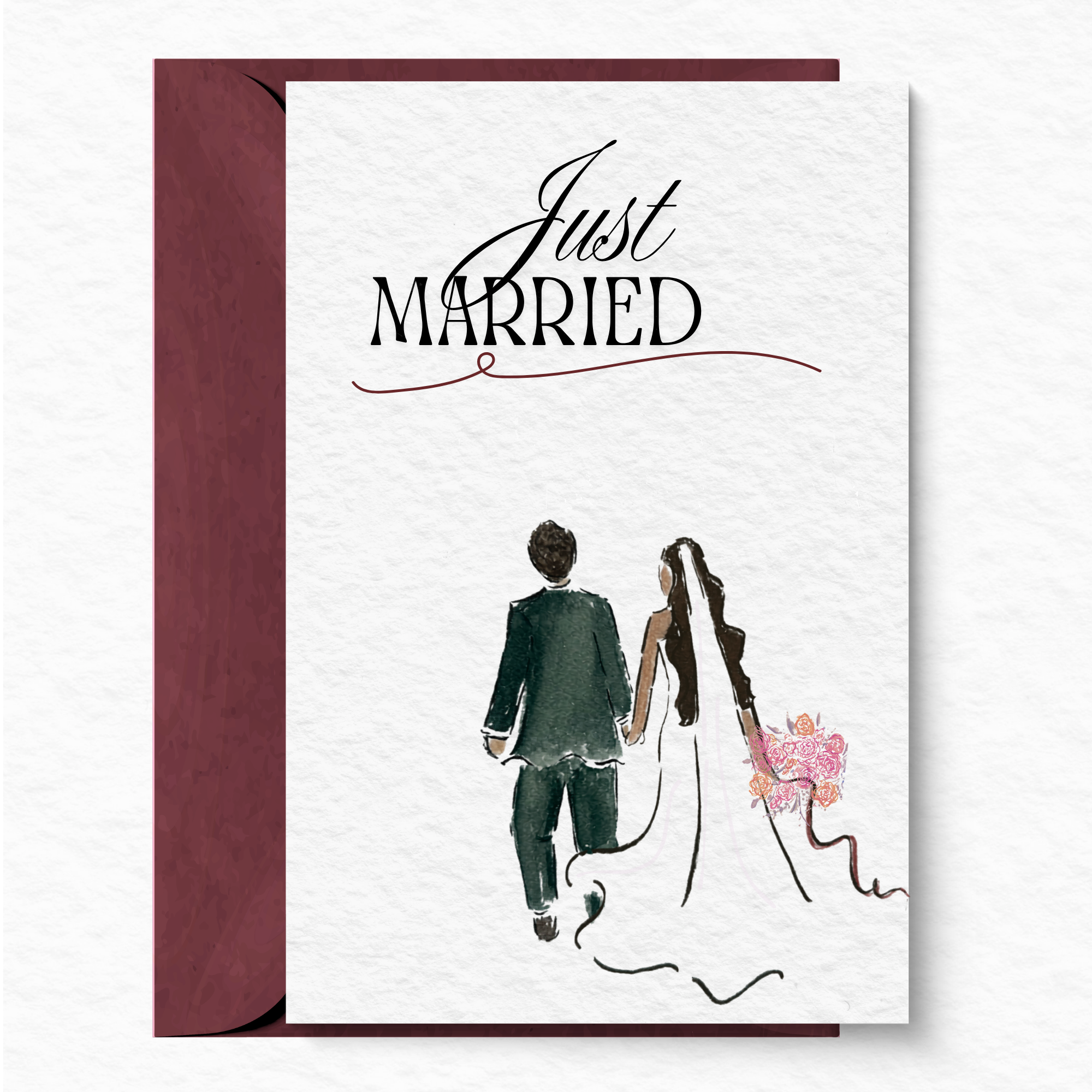 Wedding greeting card - Wedding couple with colourful bouquet A6