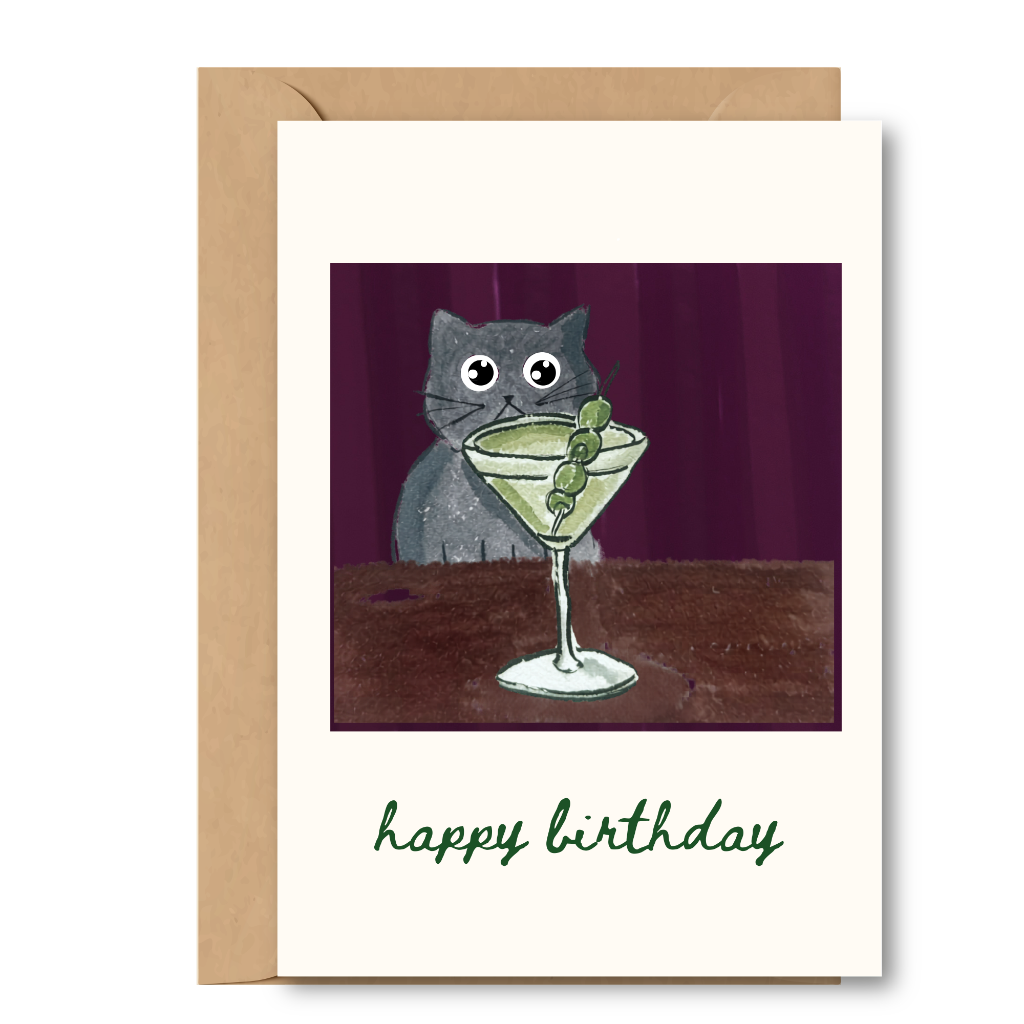 Birthday greeting card - Cat & martini A6