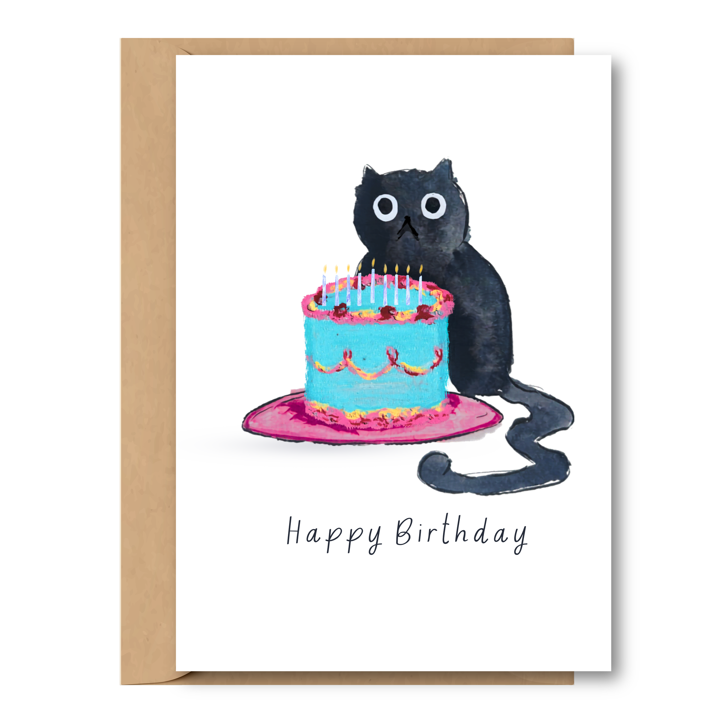 Cat & cake birthday greeting card - A6
