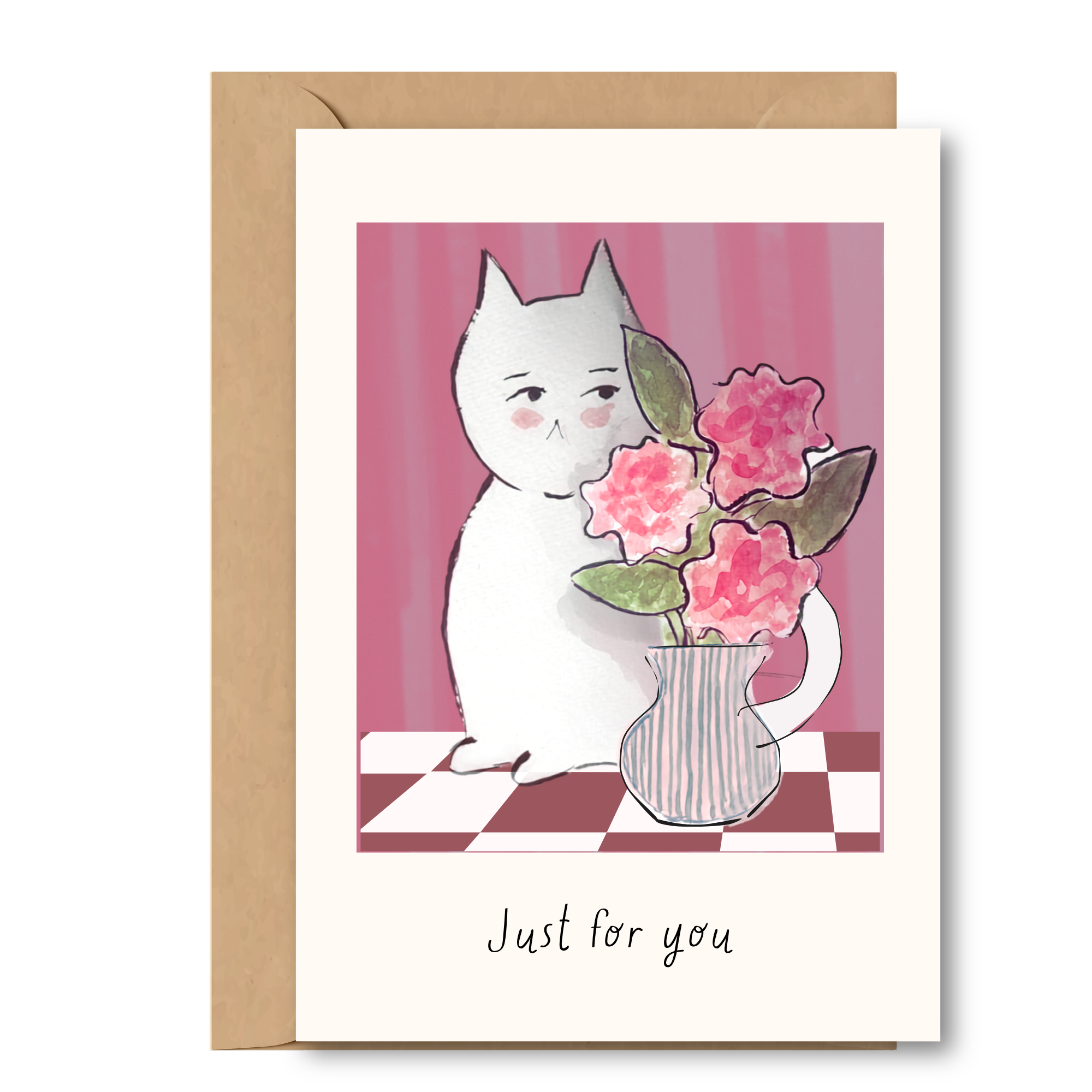 Birthday greeting card - Cat & flowers