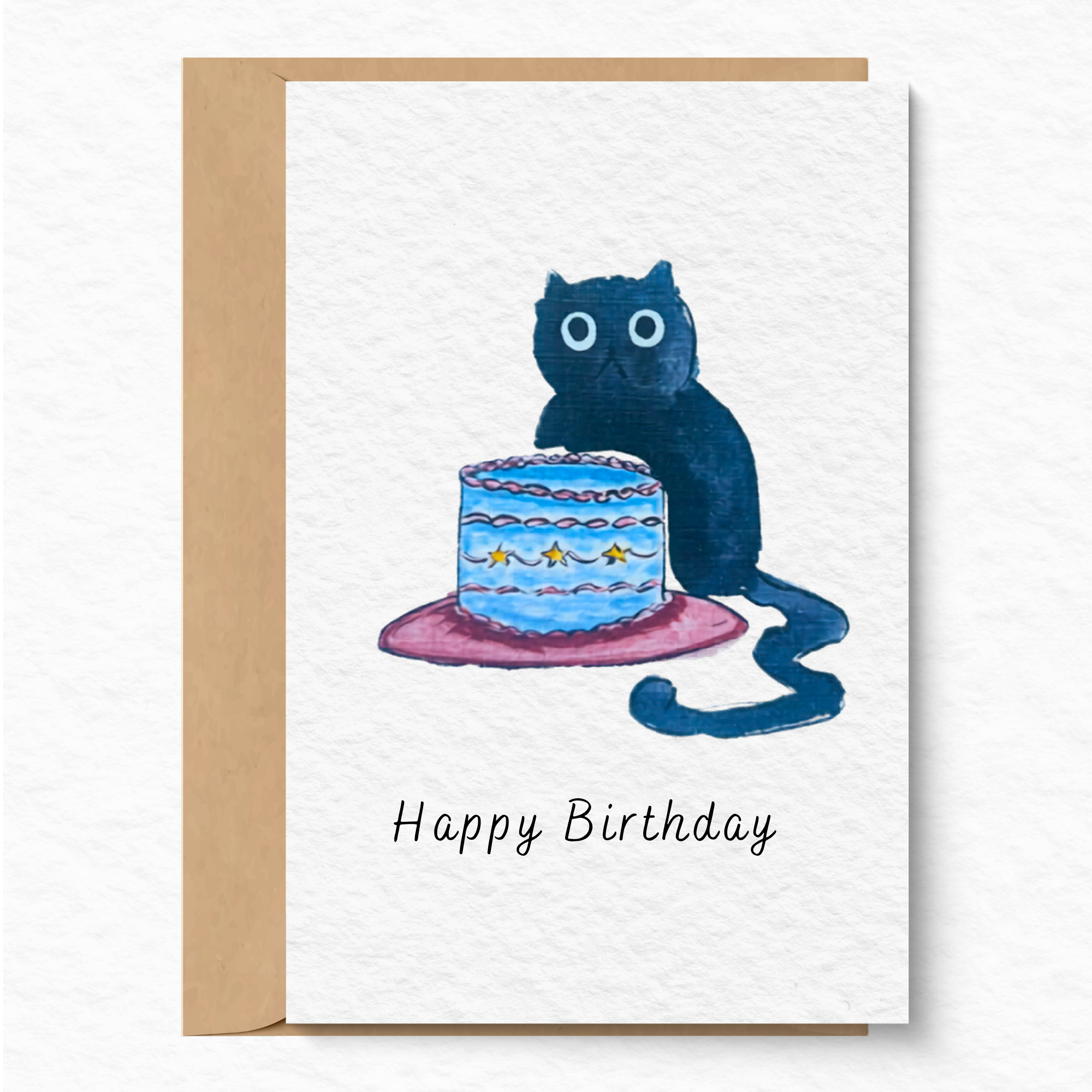 Birthday greeting card - Cat & cake A6