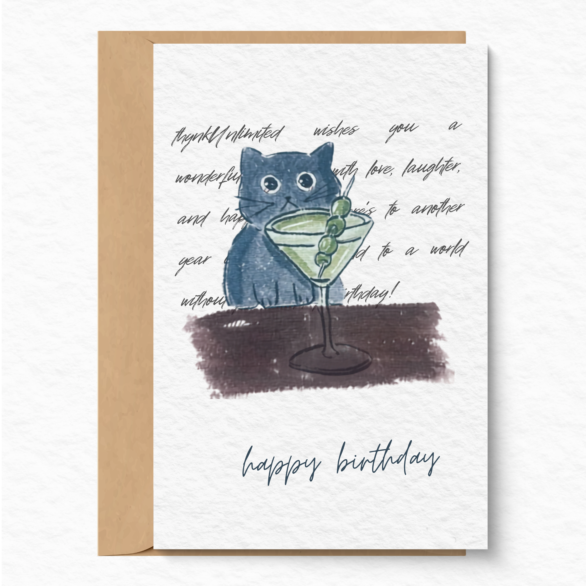 Birthday greeting card - Cat & martini A6