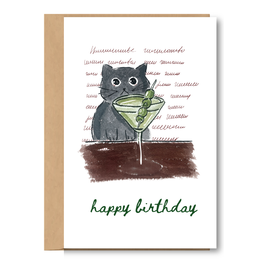 Birthday greeting card - Cat & martini A6