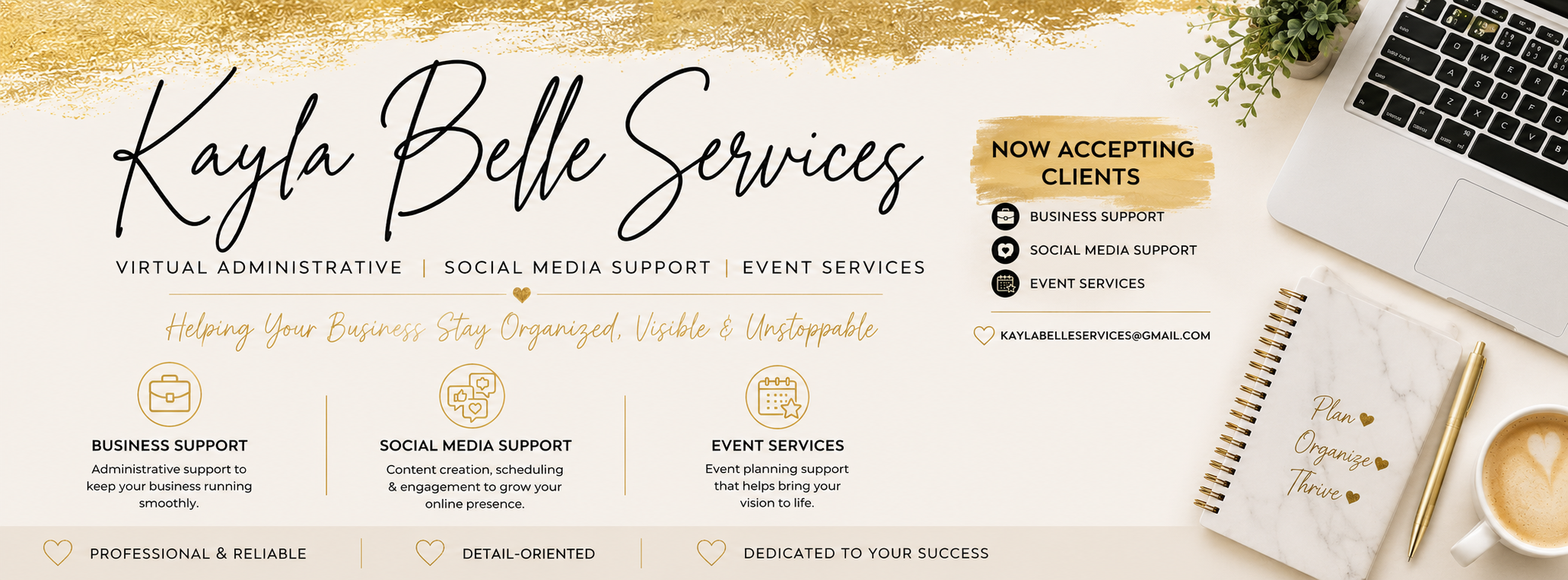 Business support and social media support services flyer featuring a keyboard, a marble notebook, a gold pen, and a cup of coffee.