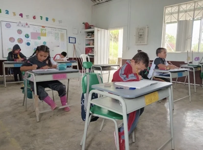 Children sitting at desks, working on assignments, in a classroom with educational posters on the wall, a door open to outdoors, and windows to the side.