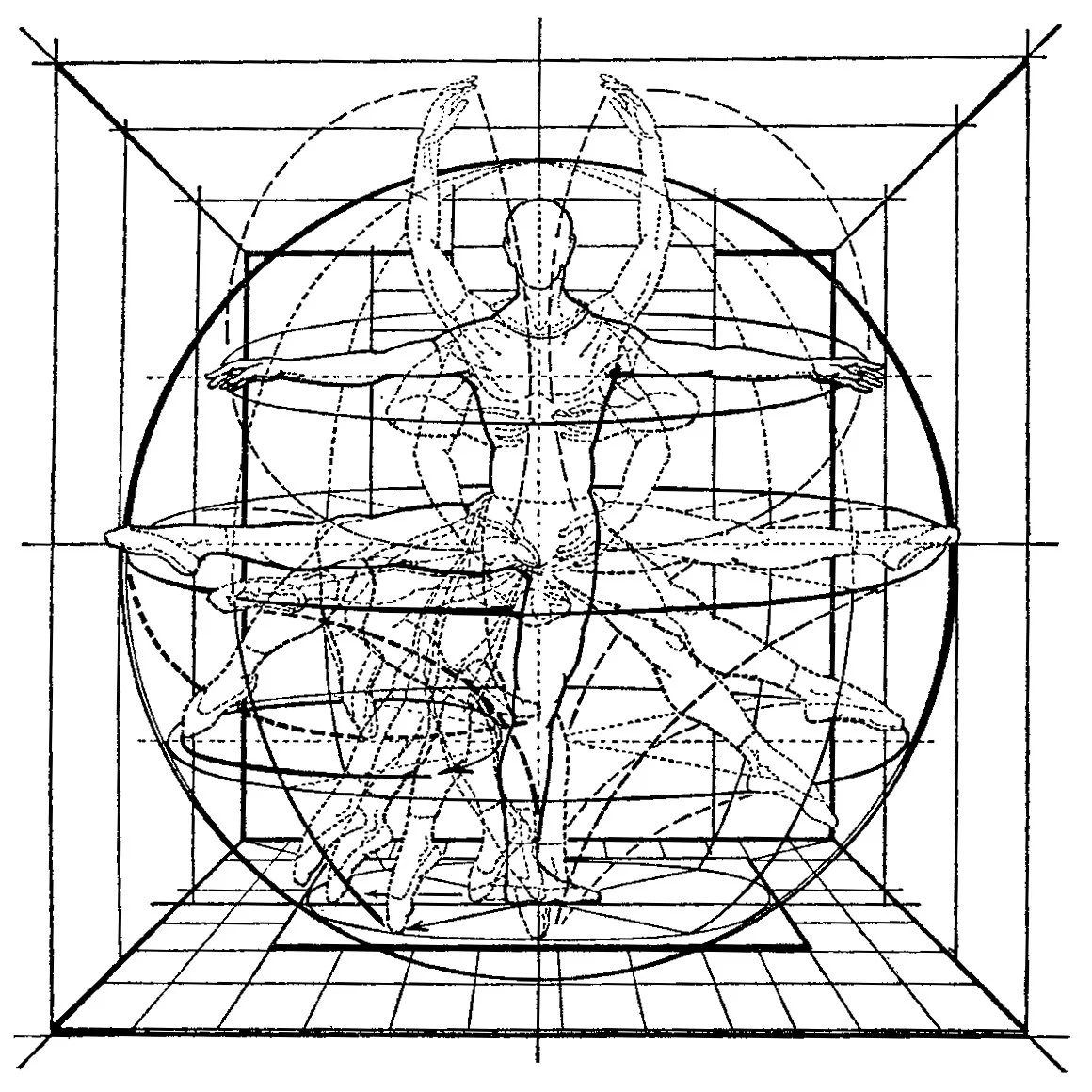 Line drawing of the human body's geometric constructions and proportions.