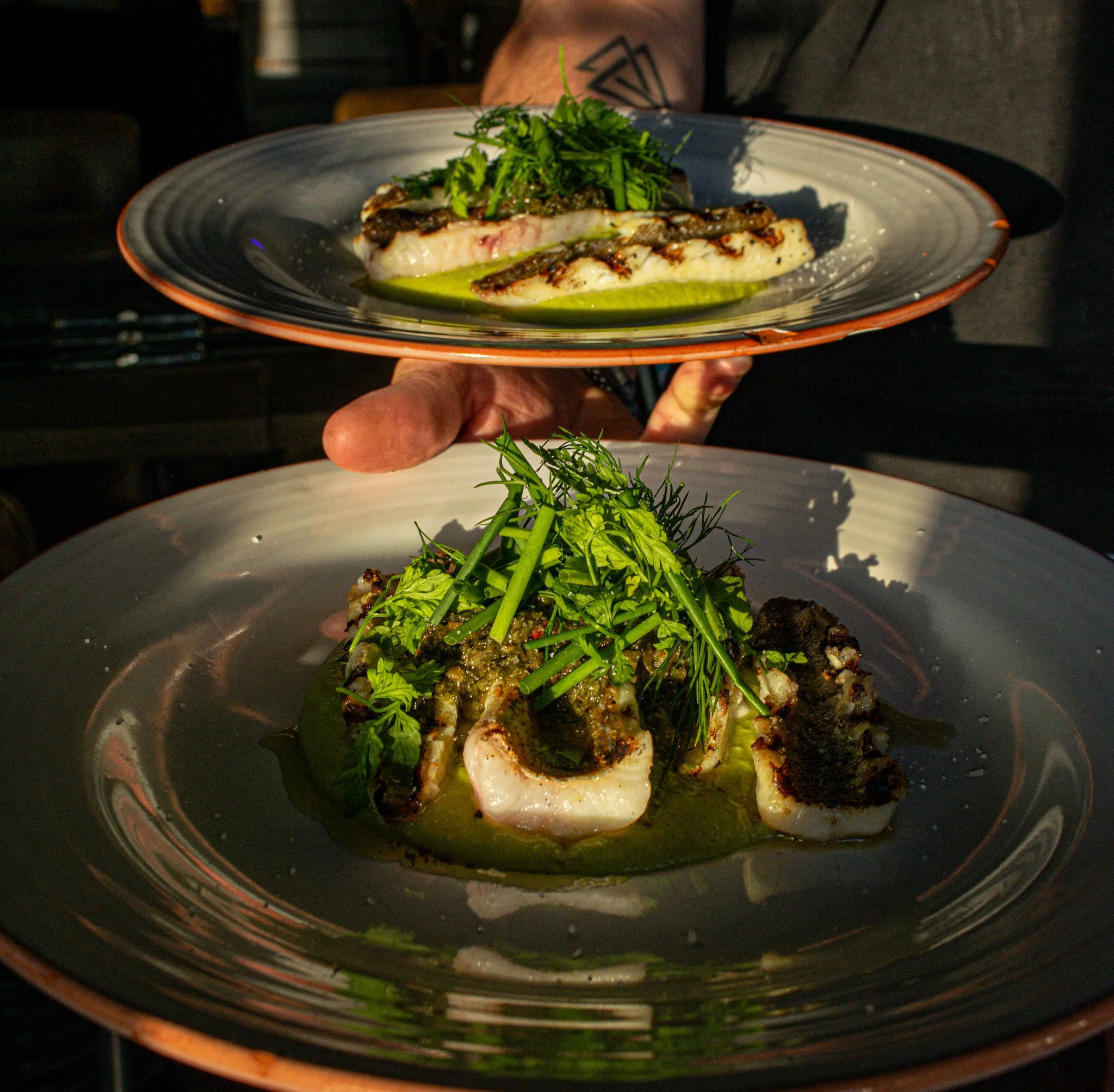 A plated dish with grilled fish topped with fresh herbs, served on a black and orange-rimmed plate.