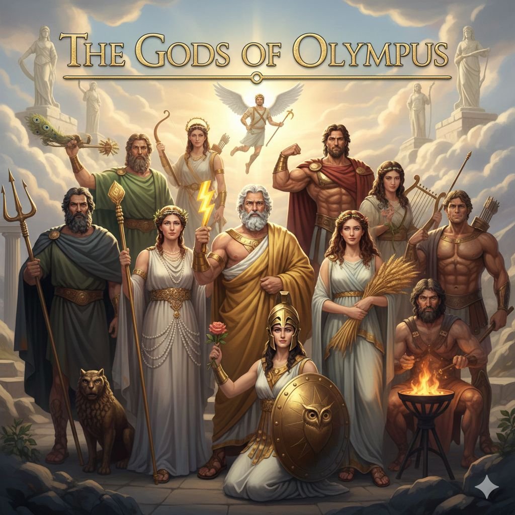 A digital illustration titled 'The Gods of Olympus,' depicting twelve figures representing Greek gods with clouds and statues of gods in the background, some holding weapons, a shield, a lightning bolt, and other symbols of ancient Greece.
