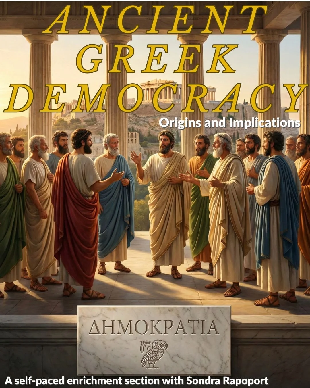 A group of ancient Athenians gathered in discussion. Acropolis in the background.