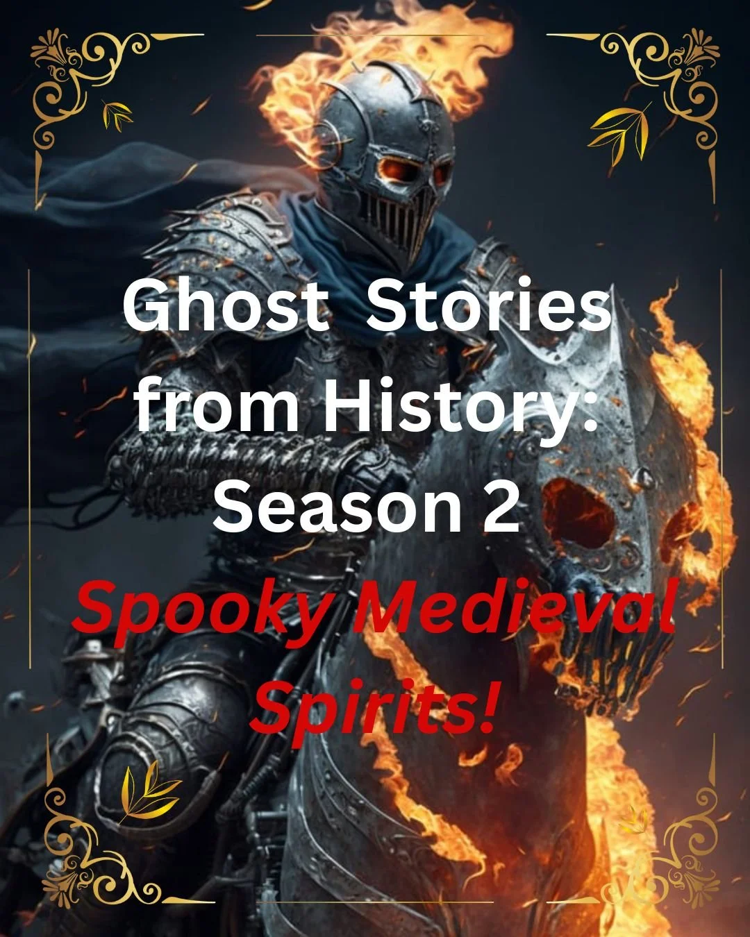 A ghostly rider in medieval armor on a flaming horse