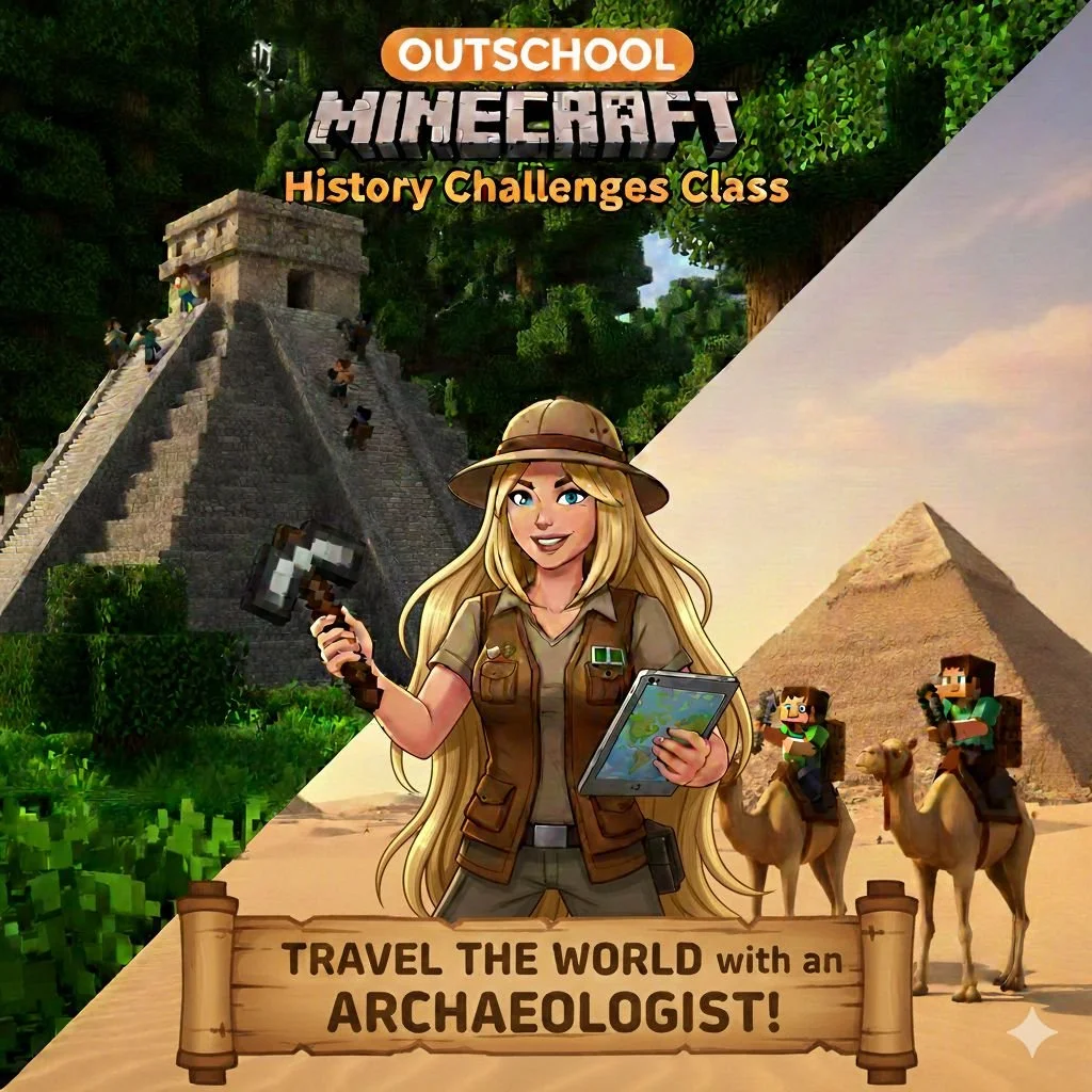 A promotional image for OutSchool's Minecraft History Challenges Class features a split scene of an ancient Mayan pyramid and an Egyptian pyramid. The scene includes a cartoon archaeologist woman holding a tablet and a tool, with children riding camels in the desert, emphasizing travel and exploration related to archaeology.