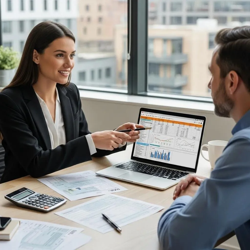 Two business professionals, a woman and a man, having a discussion at a conference table with a laptop displaying financial graphs and data, papers, calculator, and a coffee mug, in a modern office with city buildings outside the window.
