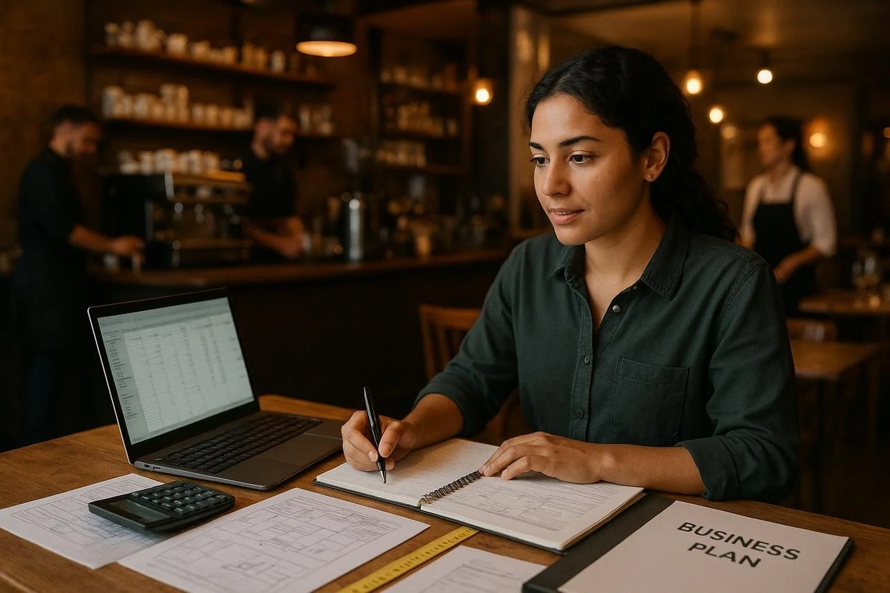 Woman working on a business plan at a wooden table in a cozy cafe, with a laptop, calculator, and architectural blueprints in front of her.