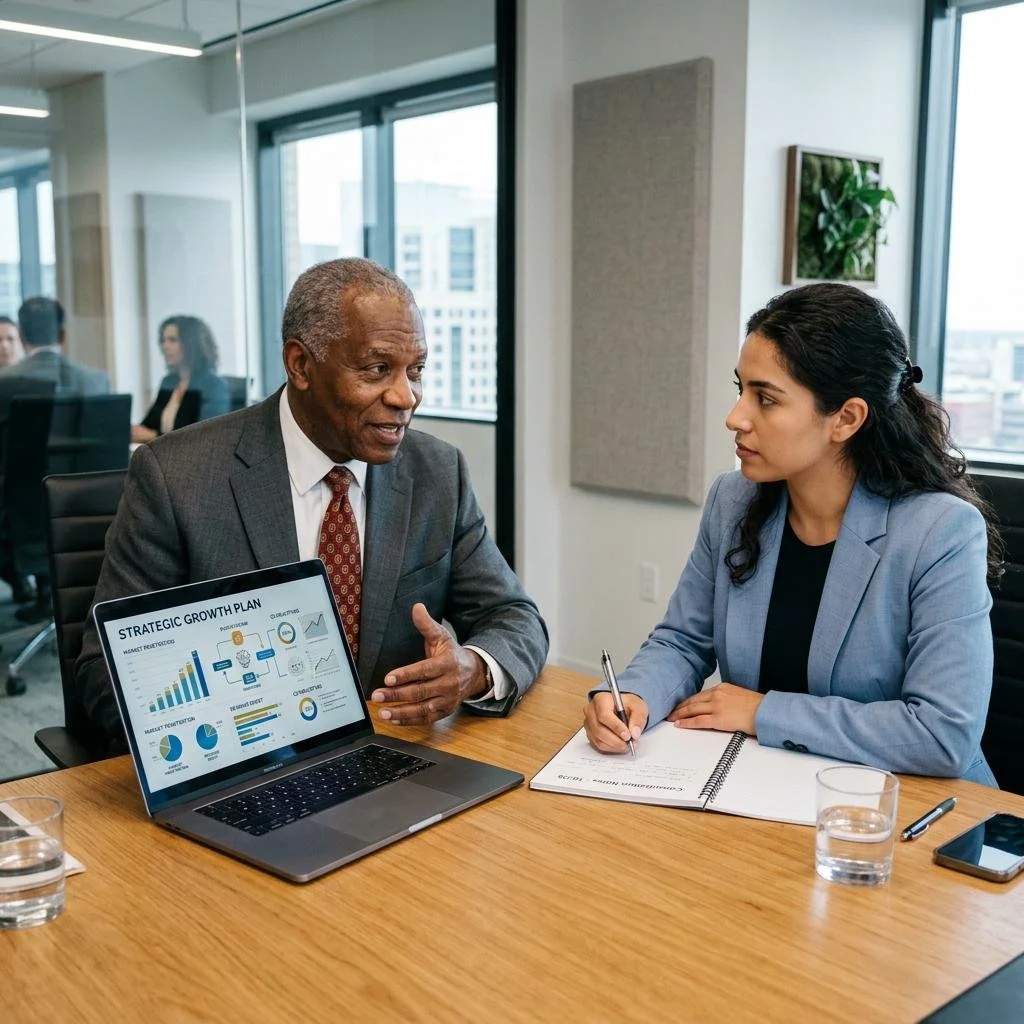 Two business professionals, an older man and a younger woman, having a discussion in a modern office. The man is speaking and gesturing with his hands while the woman is listening and taking notes. On the table is a laptop displaying a 'Strategic Growth Plan' with graphs and charts, along with notebooks, pens, a smartphone, and glasses of water.