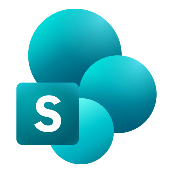 Microsoft Sharepoint logo with three blue spheres and a square icon with a white 'S' in it.