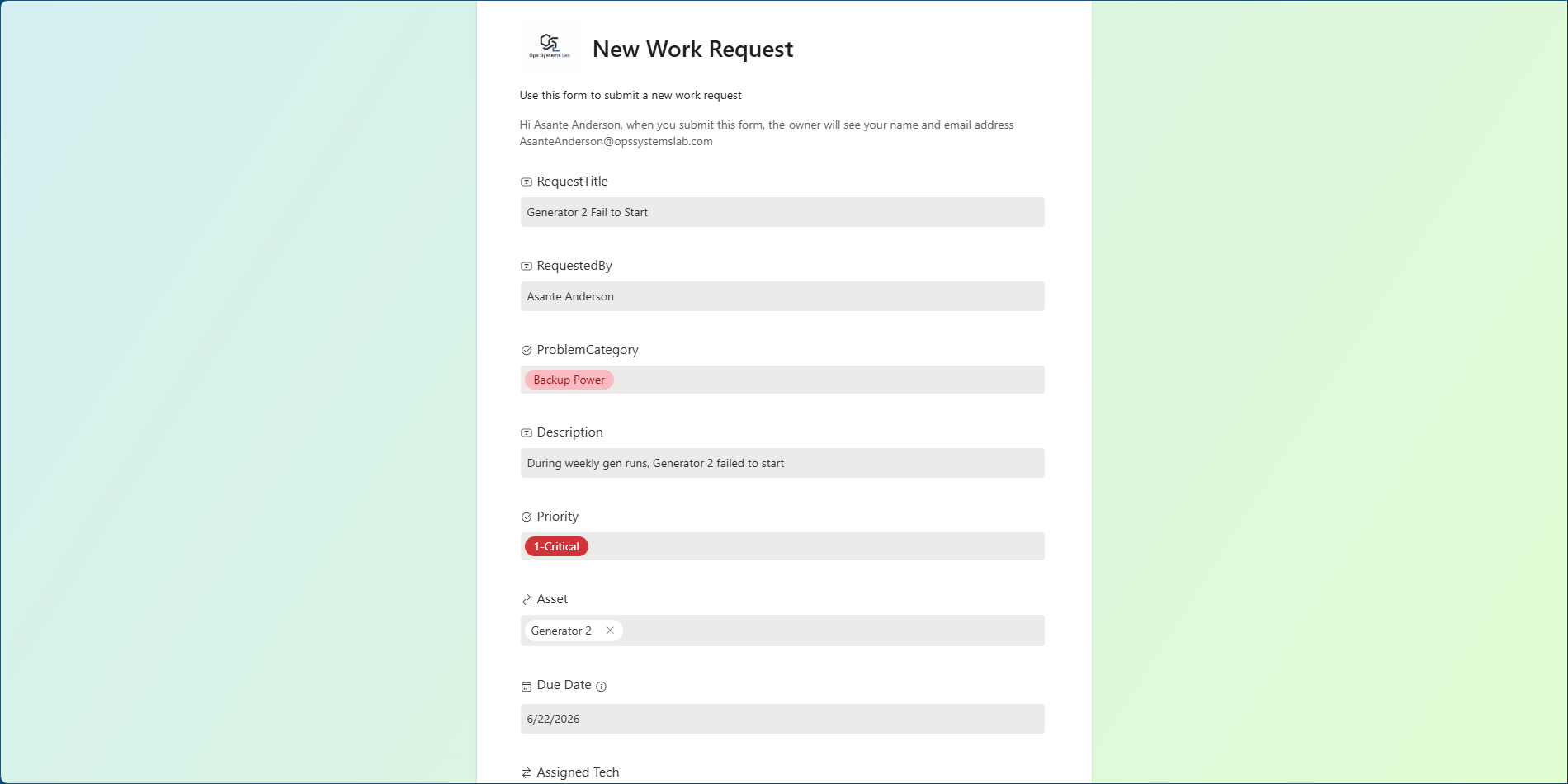 Screenshot of a web form titled 'New Work Request' with sections for Request Title, Requested By, Problem Category marked as 'Backup Power', Description indicating a generator failure during weekly runs, Priority marked as 'Critical', Asset as 'Generator 2', and Due Date as June 22, 2026.