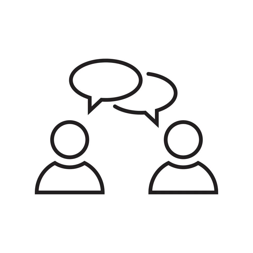 Line drawing of two people having a conversation with speech bubbles above their heads.