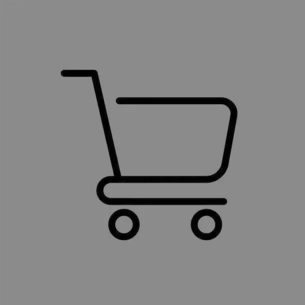 Simple black shopping cart icon on gray background.