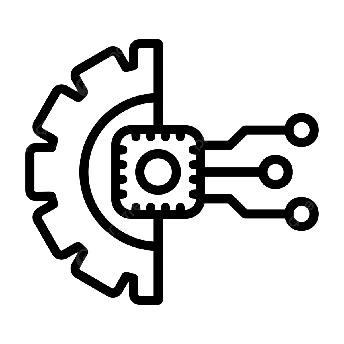Line drawing of a robotic gear connected to electronic circuits on a black background.