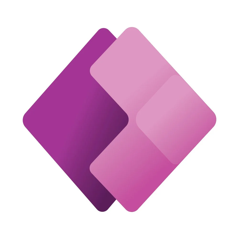 Power Apps logo consisting of overlapping squares in shades of purple and light pink.