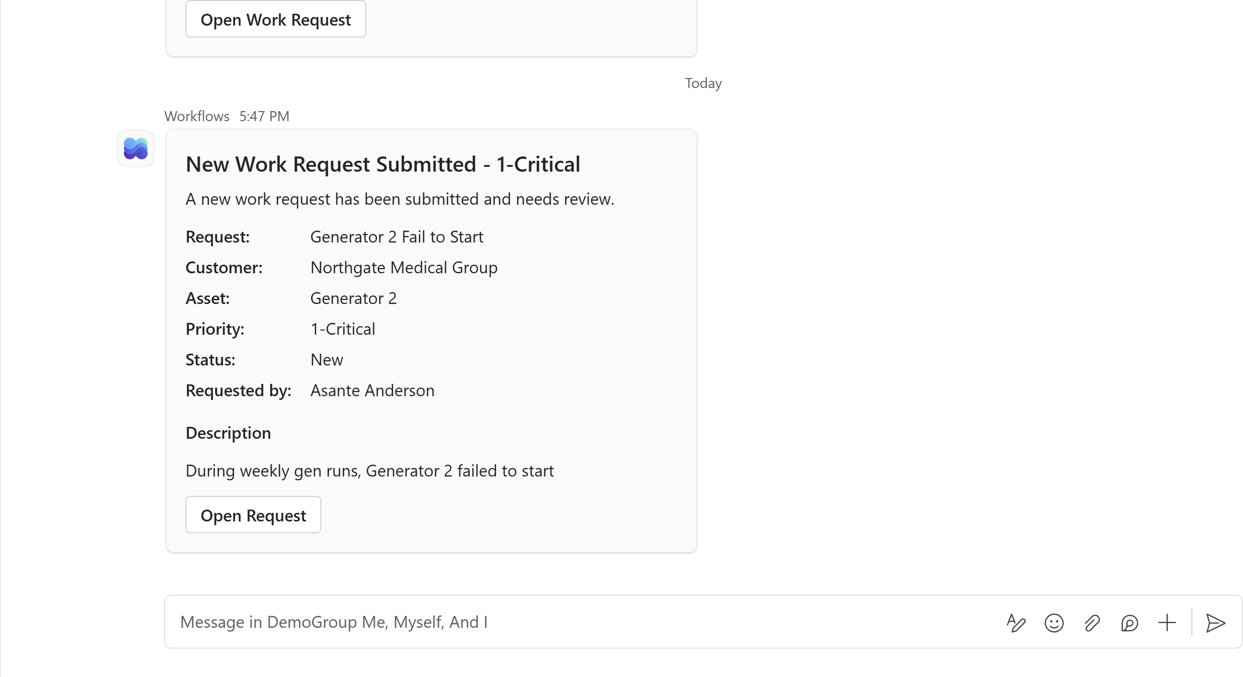 Screenshot of a work request notification in Microsoft Teams showing a new critical work request for a failed generator 2, for Northgate Medical Group, requesting review.