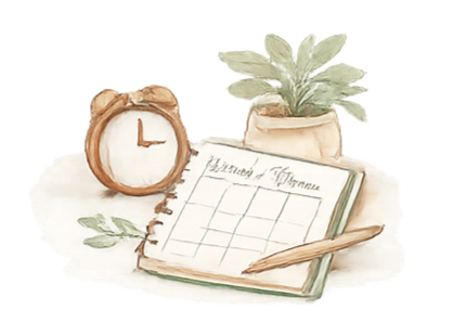 A desk calendar, an alarm clock, a potted plant, and a notebook with a pen.