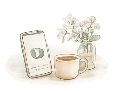 A smartphone, a cup of coffee, and a vase with white flowers on a table.