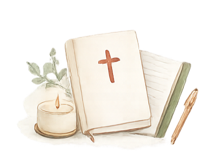 Open Bible with a cross on the page, a lit candle, a closed notebook, and a pencil on a white surface.