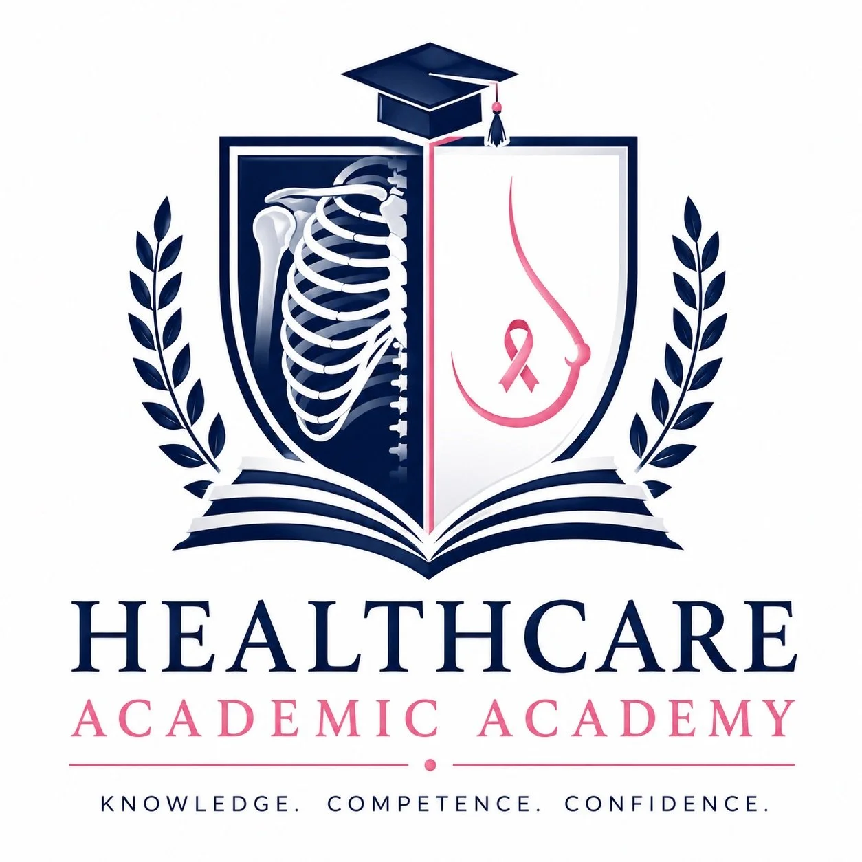 A logo for Healthcare Academic Academy featuring a split shield, with a blue skeletal ribcage on the left and a pink ribbon on the right, topped with a graduation cap, and surrounded by laurel branches. The text below reads 'Healthcare Academic Academy' with the tagline 'Knowledge. Competence. Confidence.'