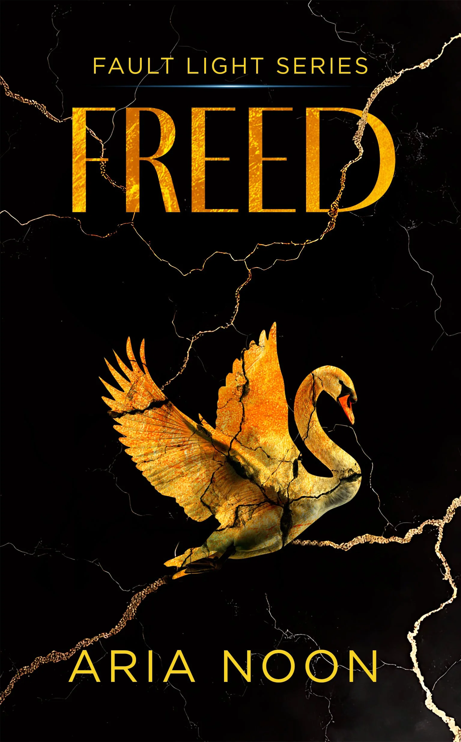 Book cover titled 'Fault Light Series: Fried' by Aria Noon. The cover features a cracked black background with a gold-colored swan.