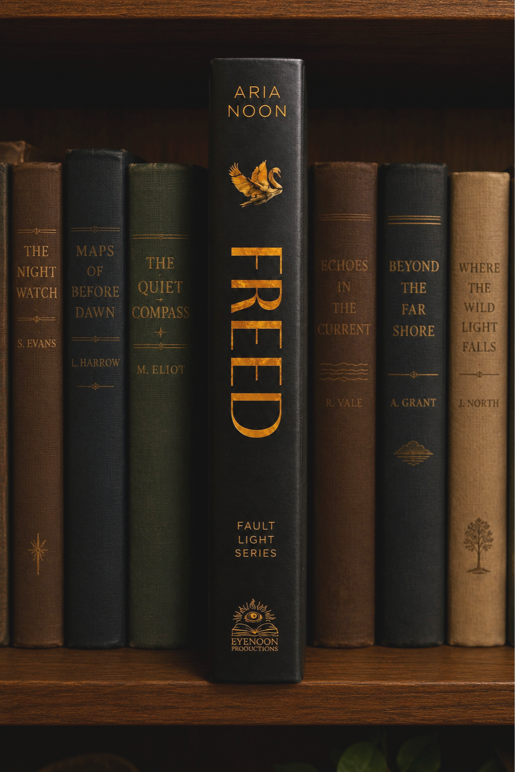 A close-up of a row of hardcover books on a wooden shelf, featuring titles like "The Night Watch," "Maps of Before Dawn," and "The Quiet Compass". One prominent book, "FREED" by Aria Noon, is titled on the spine with a golden swan illustration and the words "Fault Light Series."